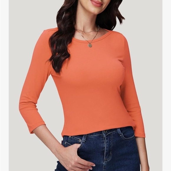 NEW 3/4 Length Sleeve Shirts Boat Neck Slim Fit Casual T-Shirts Basic Tees - Picture 3 of 7